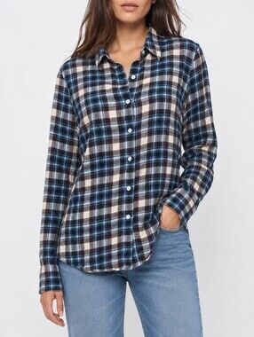 Standard James Perse Tomboy Plaid Flannel Shirt Blue Brown Size 3